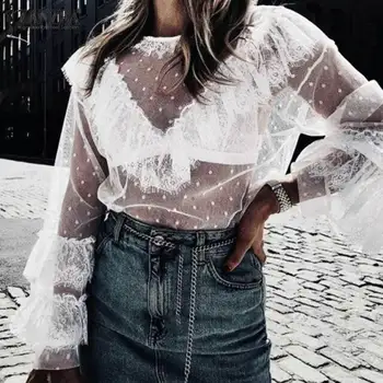 

ZANZEA Women Sexy Lace Mesh Sheer Blouse Tops Summer Transparent Shirts Casual See-Through Top Solid Long Sleeve Ruffles Blusas7