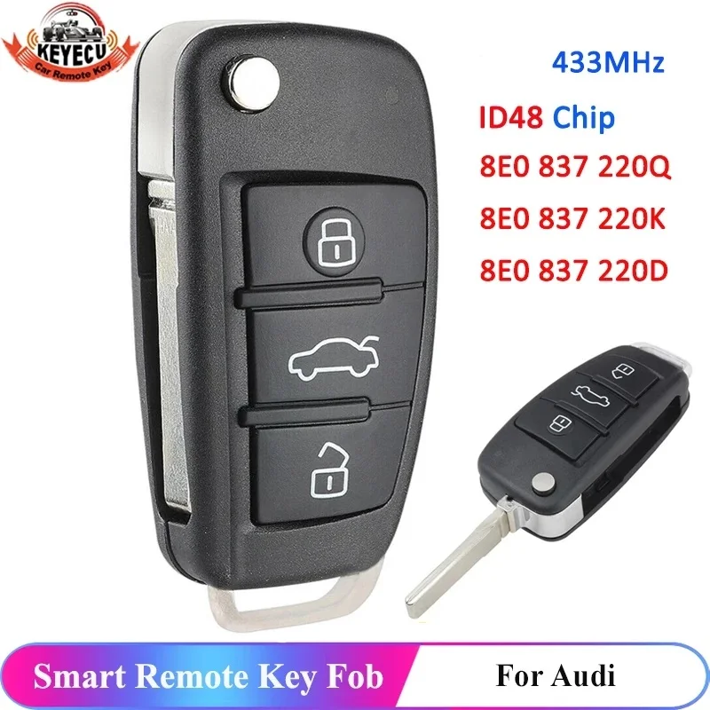 Дистанционный ключ-брелок KEYECU с 3 кнопками 433 МГц для Audi A2 A4 S4 Cabrio Quattro Avant 2005 2006 2007 48