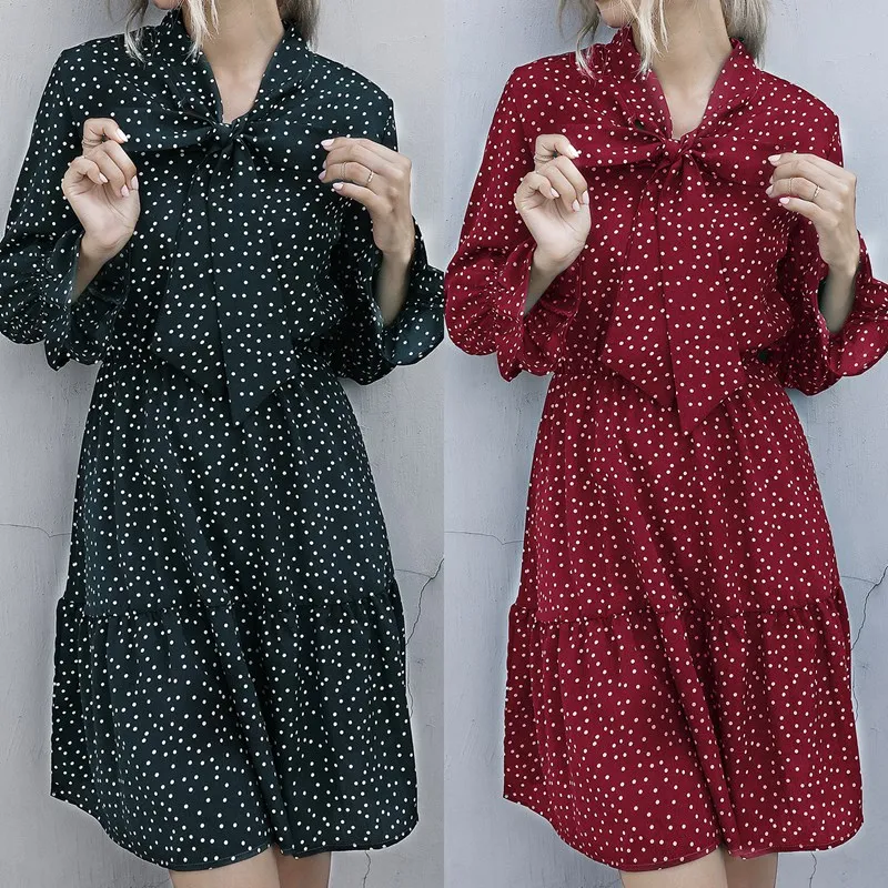 

Polka Dot Print Elegant Midi Dress Women Long Sleeve Vintage Pleated Dress Autumn Casual Ruffled Dress