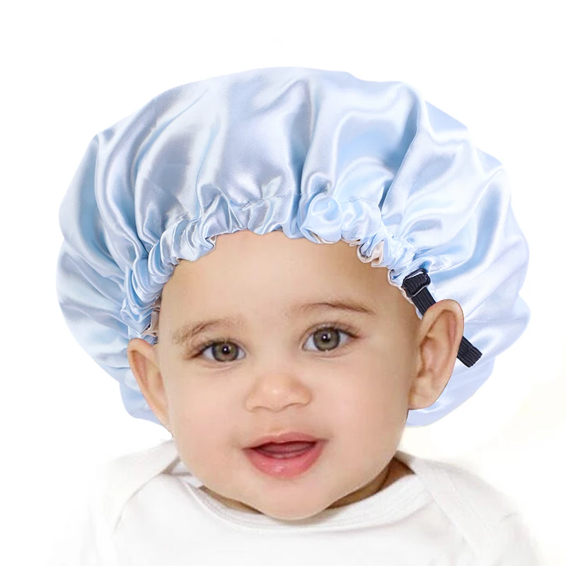 

New kids silky satin bonnet cap double layer adjustable size turban chemo hat elastic band children solid night sleep hats