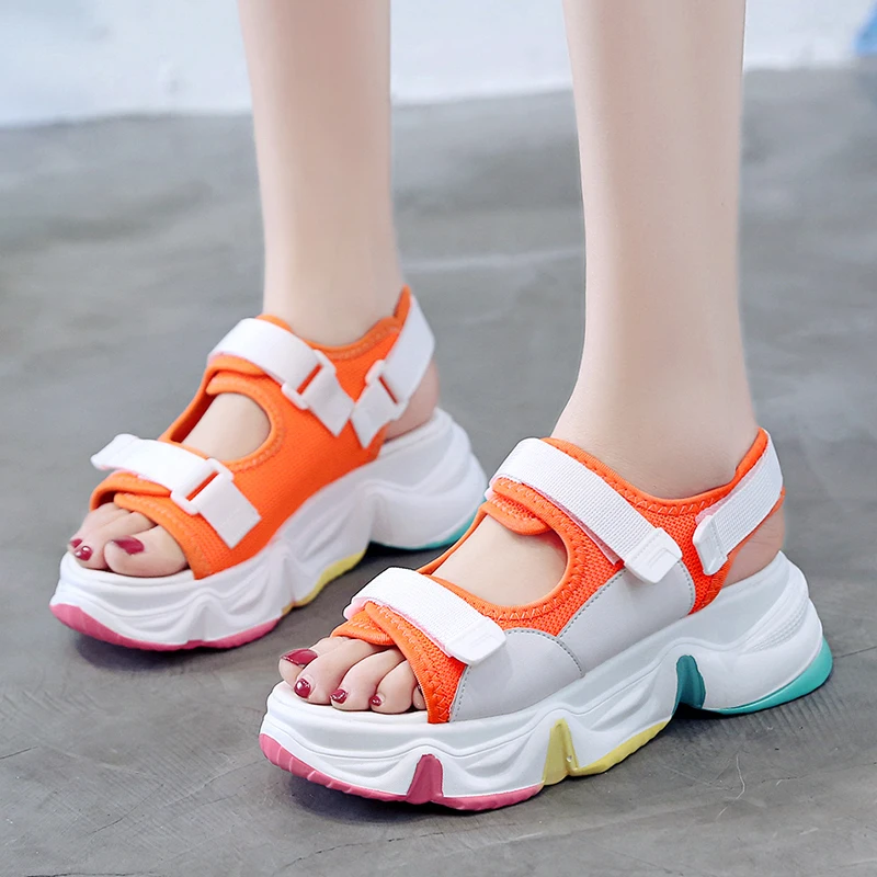 

Women Sandals Summer Thick Bottom 2020 Fashion High Heels Breathable Wedges Open Toe Hook Loop Bling Causal Women Sandals