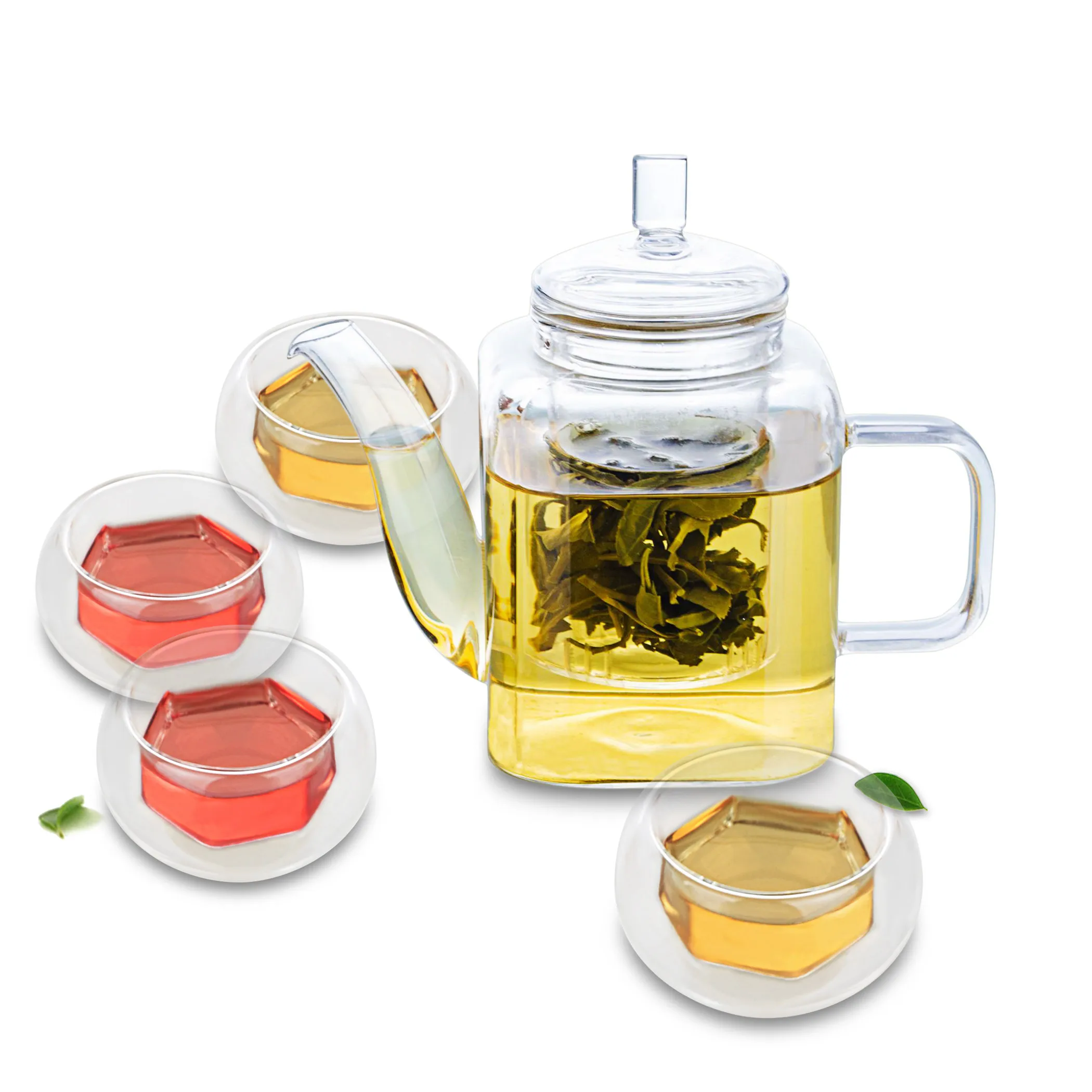 1x Heat Resistant Clear Glass Tea Set -375ml Square Shaped Glass Teapot +4x Hexagon Double Wall Cups 40ml