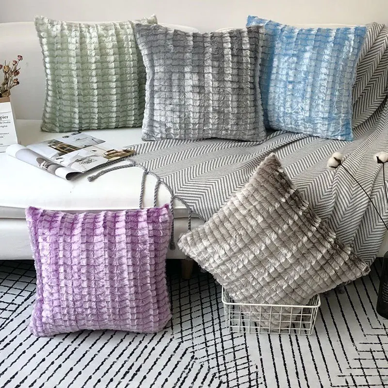 

Short Plush Cushion Cover Striped Solid Pillow Case 45x45cm for Sofa Couch Living Room Home Winter Warm Decoration Accessories