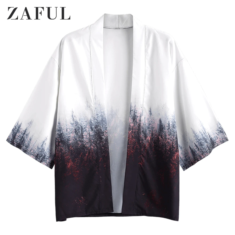 

ZAFUL Kimono Men Cardigan Three Quarter Sleeve Forest Painting Print Jacket Loose Large Size Beach Top Female Casual Shirt