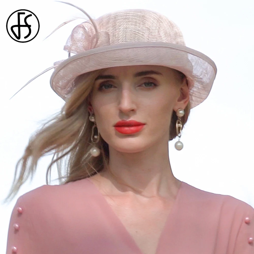 

FS British Curling Sinamay Wedding Hat For Women Church Flower Beads Wide Brim Fedoras 2022 Linen Kentucky Derby Hat Lady Pink