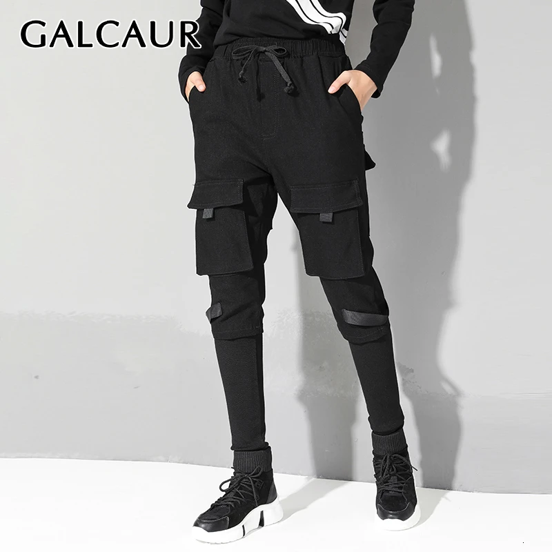 

GALCAUR Streetwear Patchwork Drawstring Pants For Women Mid Waist Large Size Autumn Pencil Pant Female Fashion 2019 Tide Trouser