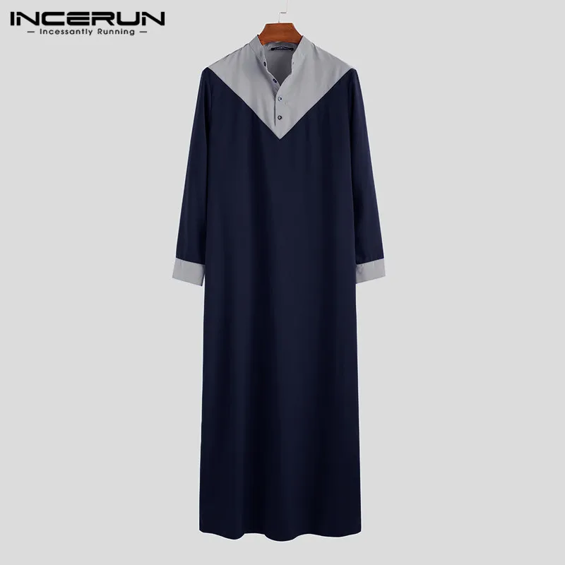 Blue INCERUN, винтажный мужской халат, исламский мусульманский кафтан, стоячий воротник, juba thebe, Ретро стиль, длинный рукав, цвет-блок, Мужская индийская одежда, S-5XL - Цвет: Blue