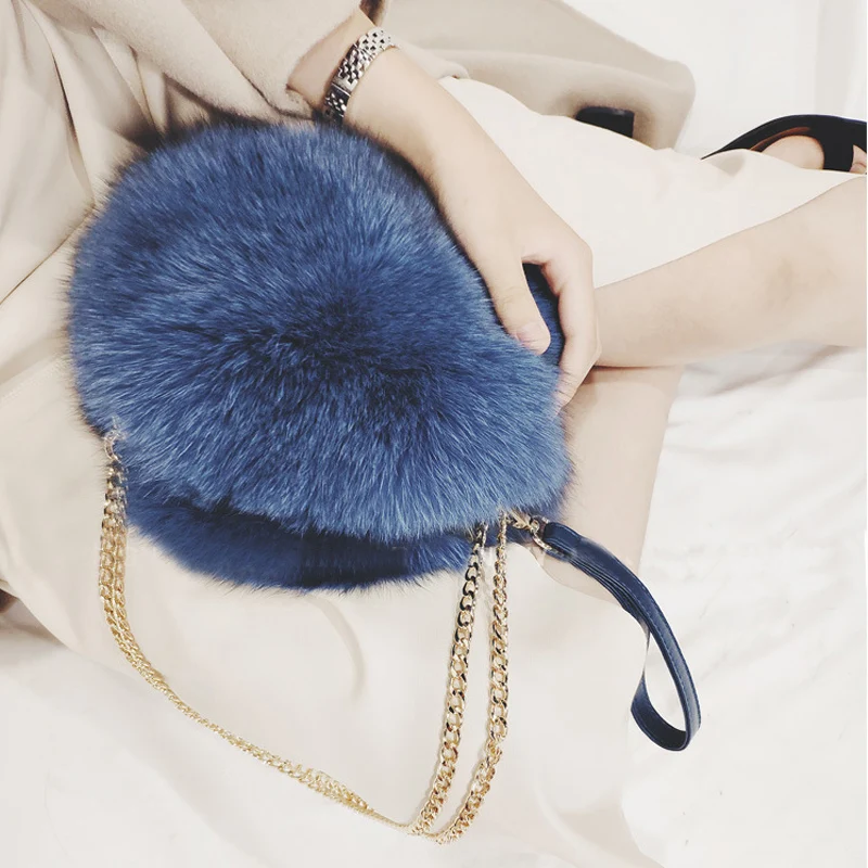 

Ellacey Autumn Winter New Fox Fur Bag Chain Small Round Bag Pompom Real Fur Handbag Circular Hairball Shoulder Crossbody Bags