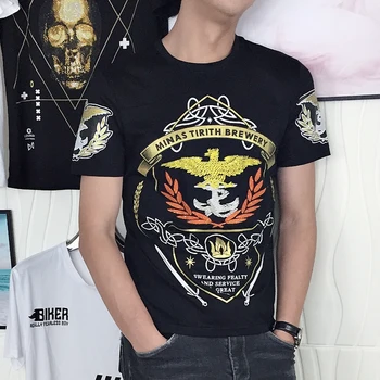 

2020 Summer Short-sleeved T-shirt Men's Fashionable Round Collar Elastic Hot Diamond Personalized Printing Men's All-match