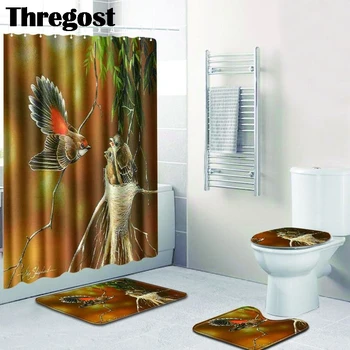 

Thregost Modern Print Shower Carpet 3 pcs Toilet Rugs Waterproof Bathroom Shower Curtain Toilet Carpet Set Water Absorption Rug