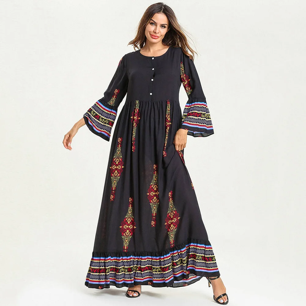

Women's Plus Size Printed Casual Long Dresses Autumn Arabian Muslim Female Long Robes Elegant Vintage Loose 3XL 4XL Dresses