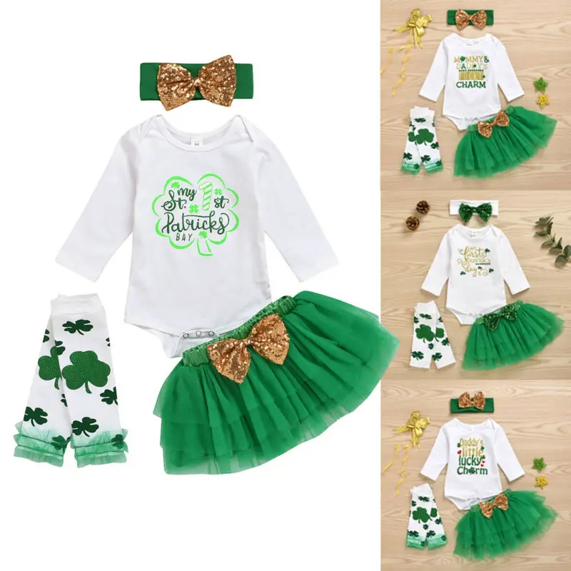 Newborn Baby Girls My 1st Valentine'S Day Outfits St Patricks Clothes Clover Romper Tutu Skirt Set | Детская одежда и обувь