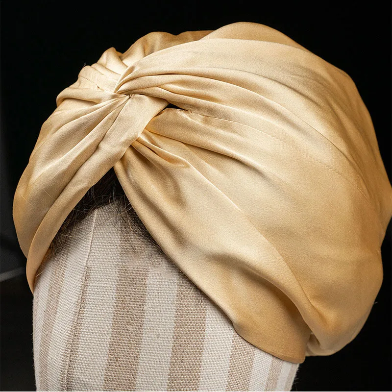 Double Layer 100% Real Silk Sleeping Caps Adiustable Knotted Women Night Bonnet Satin Hair Wrap Elastic Head Cover for Long Hair 2