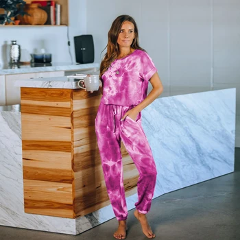 

2pcs Women 2020 Summer Rainbow Print Slim Pajama Set Short Sleeve Top Elastic Waist Pants Set Night Sleepwear Indoor Homewear