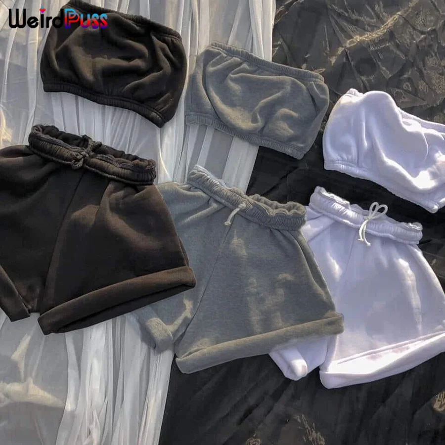 Raro Puss-chándal de 2021 algodón para mujer, Top deportivo informal sin tirantes + pantalones cortos de motorista, conjunto a juego, ropa de calle de tendencia de verano, traje ajustado