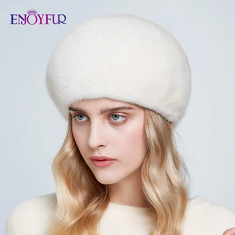 ENJOYFUR цельные норковые меховые береты шапки для женщин зимние теплые модные меховые однотонные кепки берет с цветком