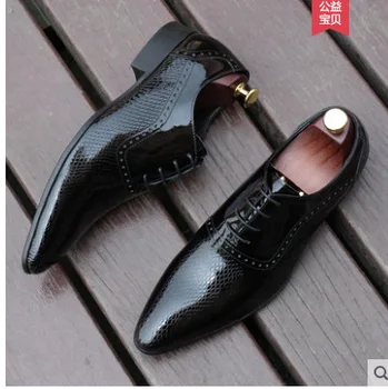 

New Patent Leather Snakeskin Men's Shoes Lace-up Business Dress Shoes Fashion Bright Leather Shoes British Pointed Leather Solid