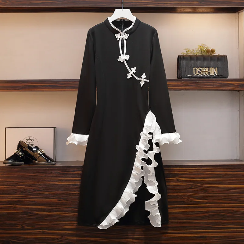 Женское китайское винтажное платье Ципао черно белое осенняя одежда с длинным