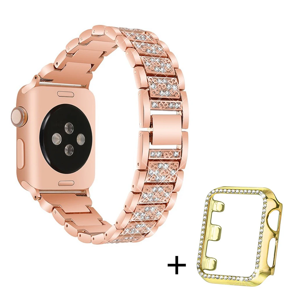 Ремешок со стразами+ чехол для Apple Watch 38 мм 42 мм металлические стразы сменный Браслет для женщин iWatch 40 мм 44 мм серия 5 4 - Цвет ремешка: Rose-gold-gold case