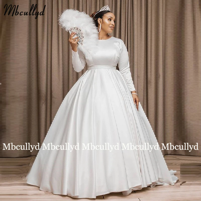 

Modest Princess Wedding Dress Satin Long Sleeve Elegant Muslim Bride Dresses Buttons Country Wedding Gown Vestido de novia