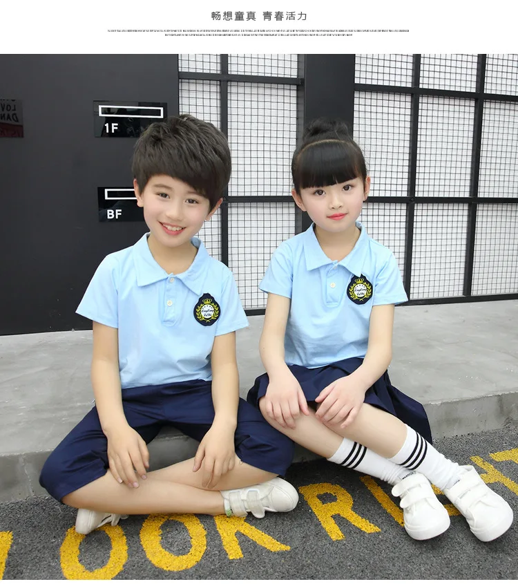 Young STUDENT'S Short Sleeve School Uniform Set Graduation Photo Clothing Kindergarten Suit Summer Wear Children College Style E