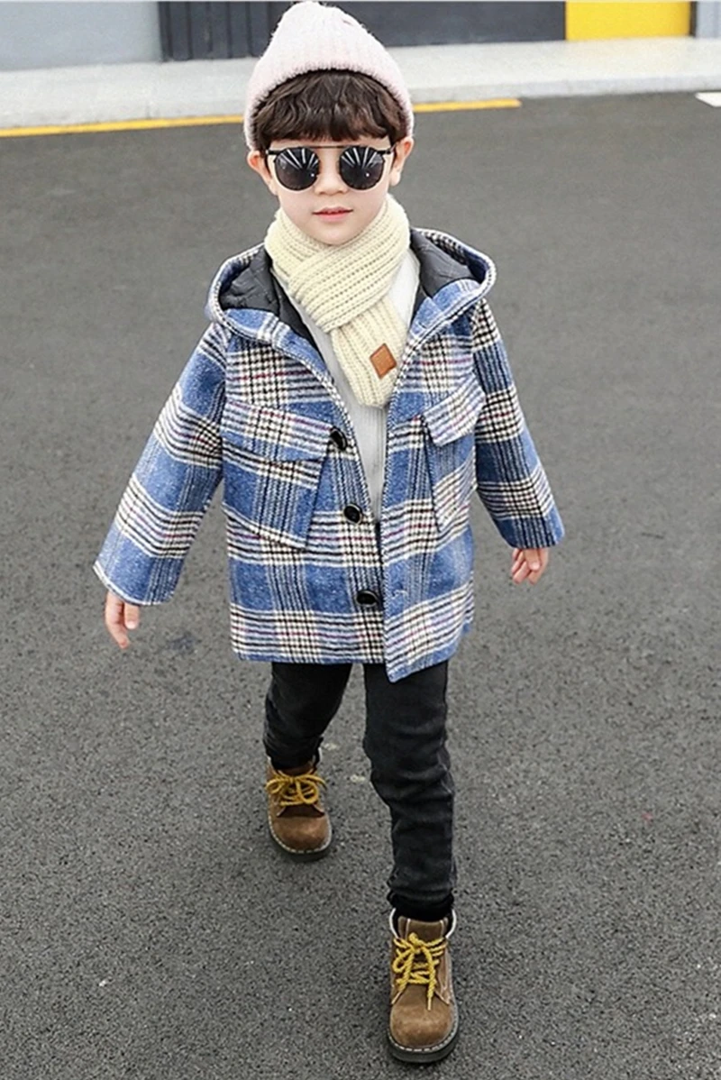 Children's Thickened Woolen Overcoat Fall Winter New Boys Fashion Plaid Hooded Trench Coat Baby Kids Casual Jacket Outerwear B358