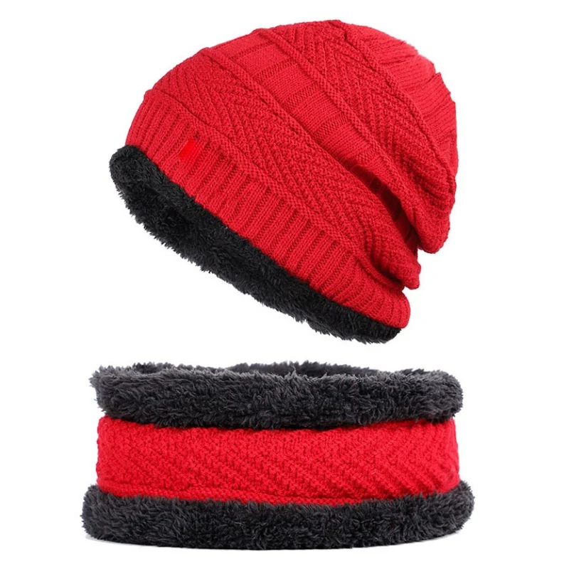 Unisex Knitted Hat Fashion Winter Thick Warm Fleece Lined Neck Warmer Scarf Set For Snowboard Skiing Skating