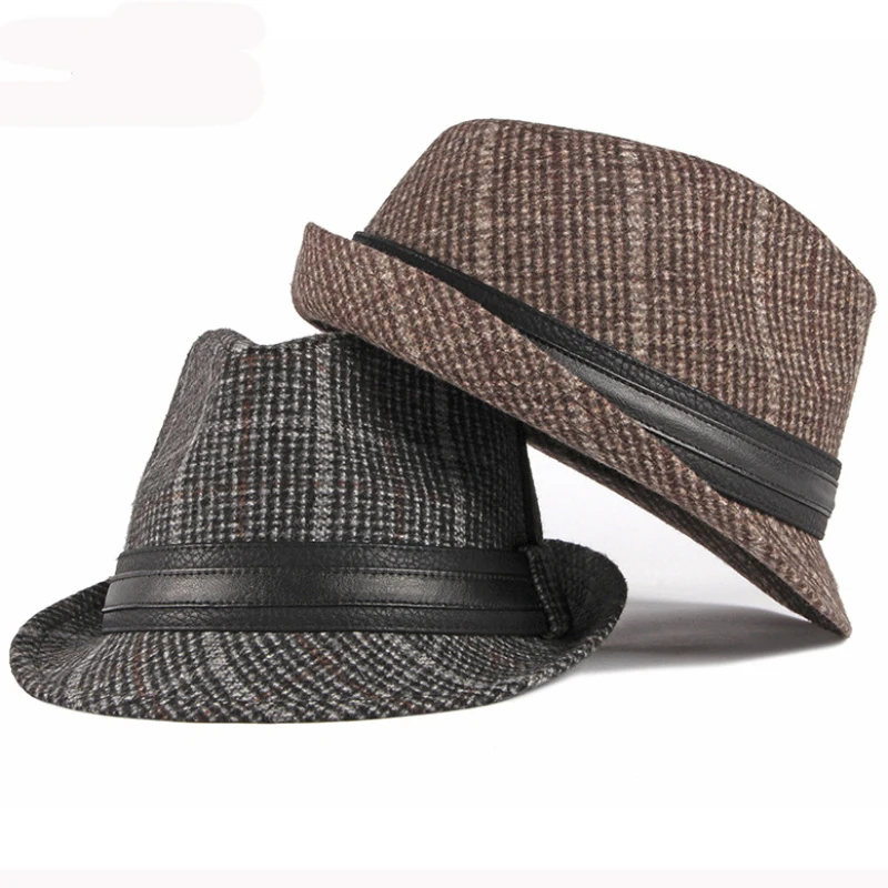 Шляпа HT2774 Fedoras осенне зимняя шапка для мужчин винтажная Клетчатая Шерстяная