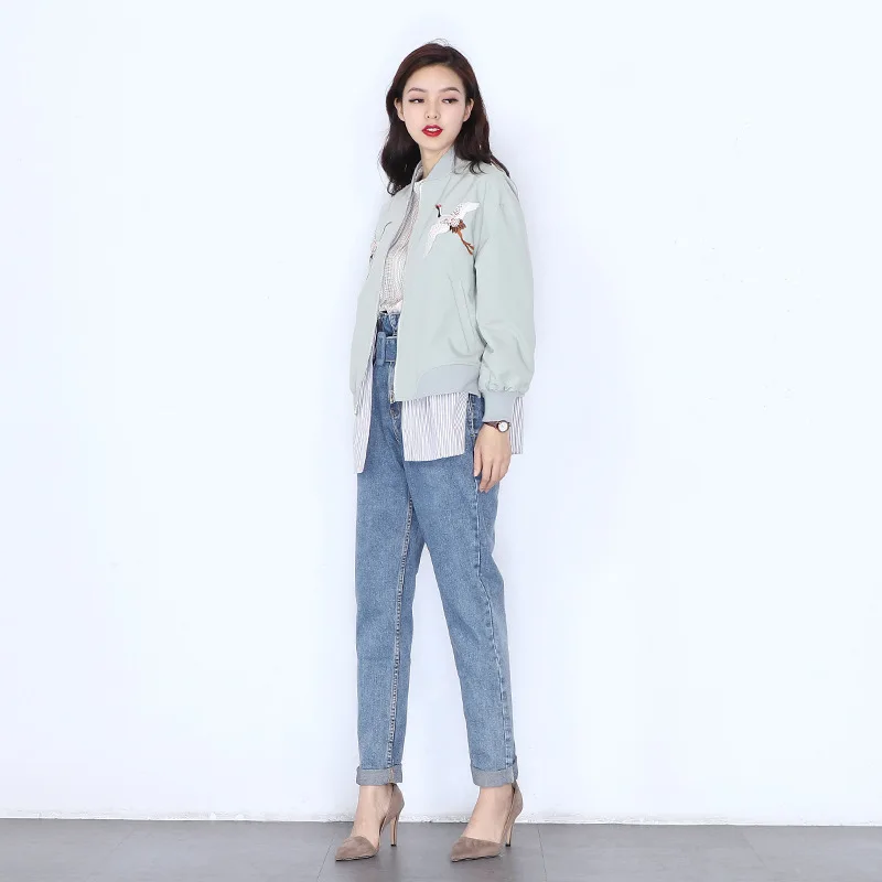 

2018 New Style Harajuku Blouses Baseball Collar Long Sleeve Stripes Joint Embroidered Baseball Suit Women's Autumn Coat Loose-Fi