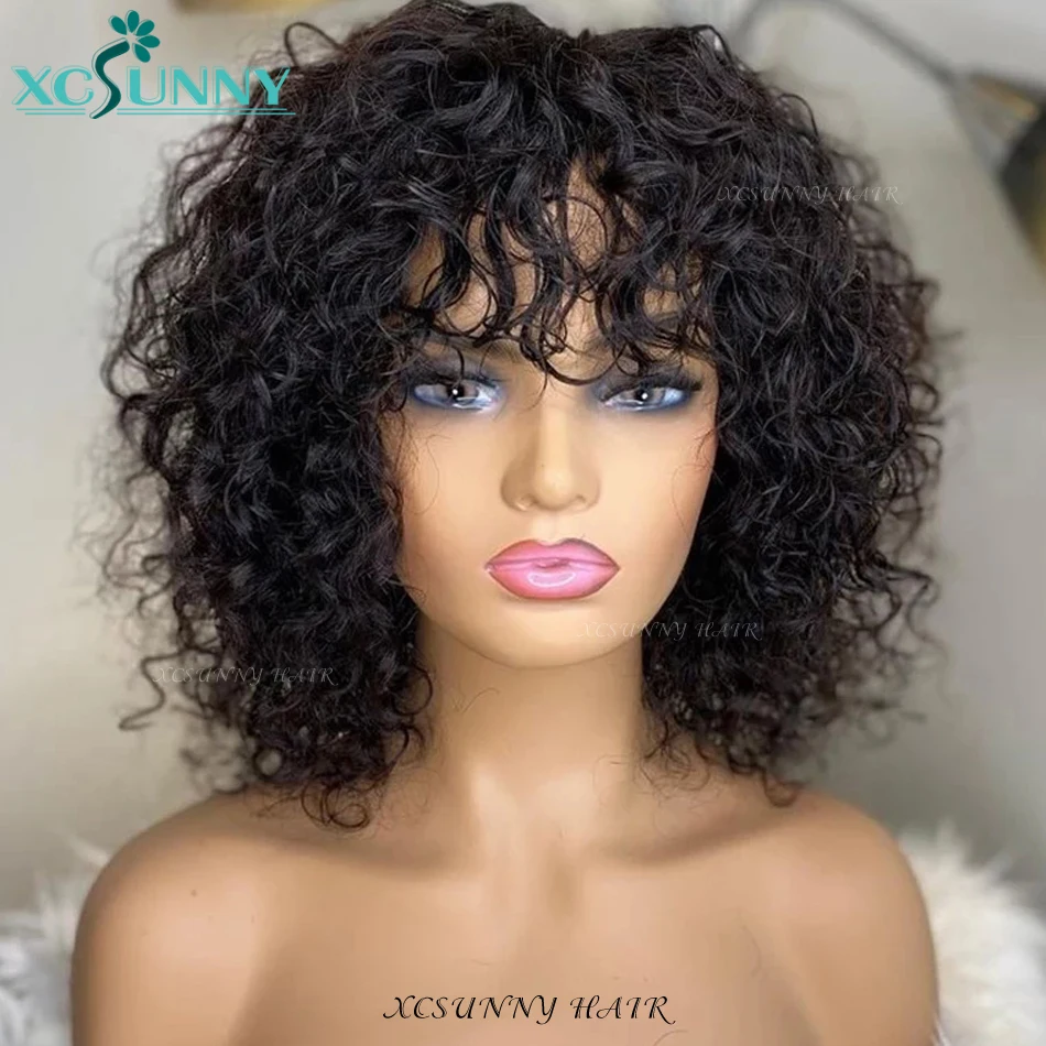 Curly Bob Human Hair Wigs With Bangs Remy Hair 