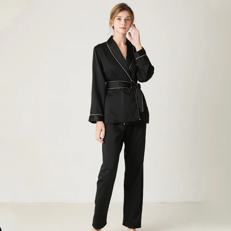 

Hot Selling Pajamas Women's Silk Long Sleeve Trousers Fold-down Collar Top Grade Homewear Set Solid Color Lace-up Two-Piece Set