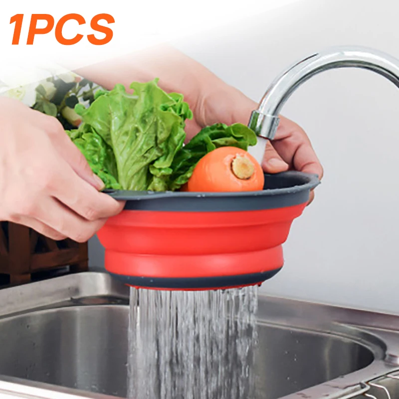 

Round Foldable Silicone Drain Basket Colander Fruit Vegetable Washing Basket Strainer With Handle Kitchen Tools