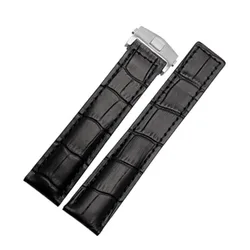 Premium Genuine Leather Watch Strap with Fold Buckle - Elegant Wrist Accessory - 22mm (Black silver buckle)