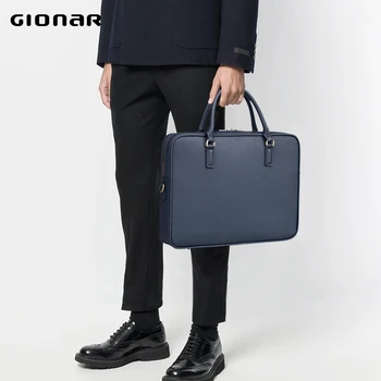 

GIONAR Genuine Real Leather Briefcase Men Designer 14 inch Crossbody Laptop Bag Women Unisex Luxury Attache Case