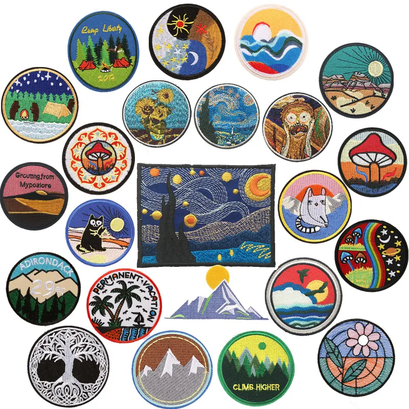 

Embroidery Patches for Clothing Camp Iron On Patch Punk DIY Applique Clothes Stickers Van Gogh Star Night Mountain Wave Stripes