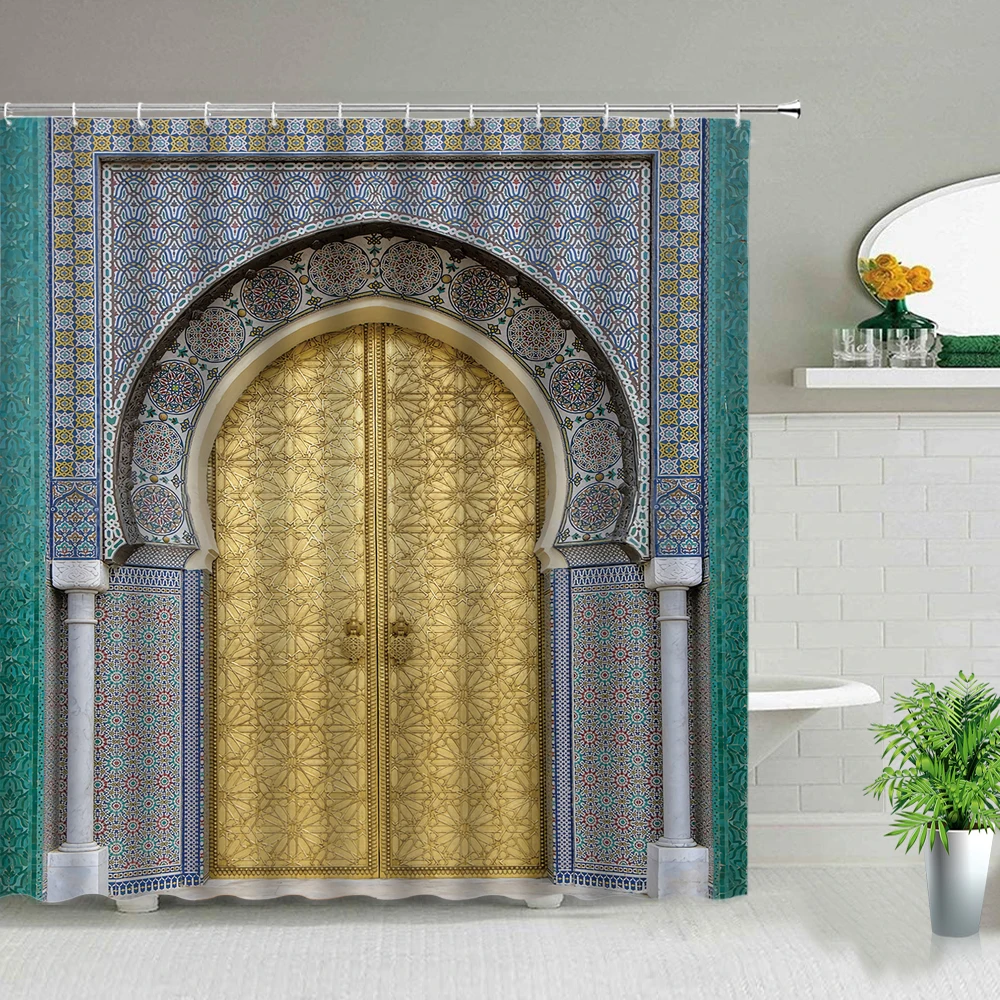 Moroccan Shower Curtain Set Aged Gate Geometric Pattern Doorway Design Entrance Architectural Oriental Style Bathroom Curtains