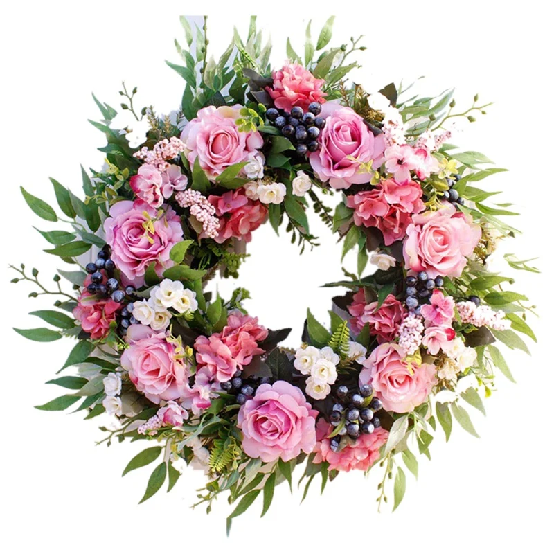 

55cm Rose Wreath, Large Rustic Farmhouse Decorative Artificial Flower Wreath, Faux Floral Wreath for Front Door Window Wedding O