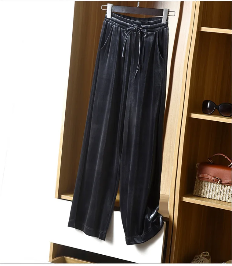 Big size Autumn Women Wide Leg Pants Casual High Elastic Waist Pockets velvet pants Fashion elegant Winter velour Trousers