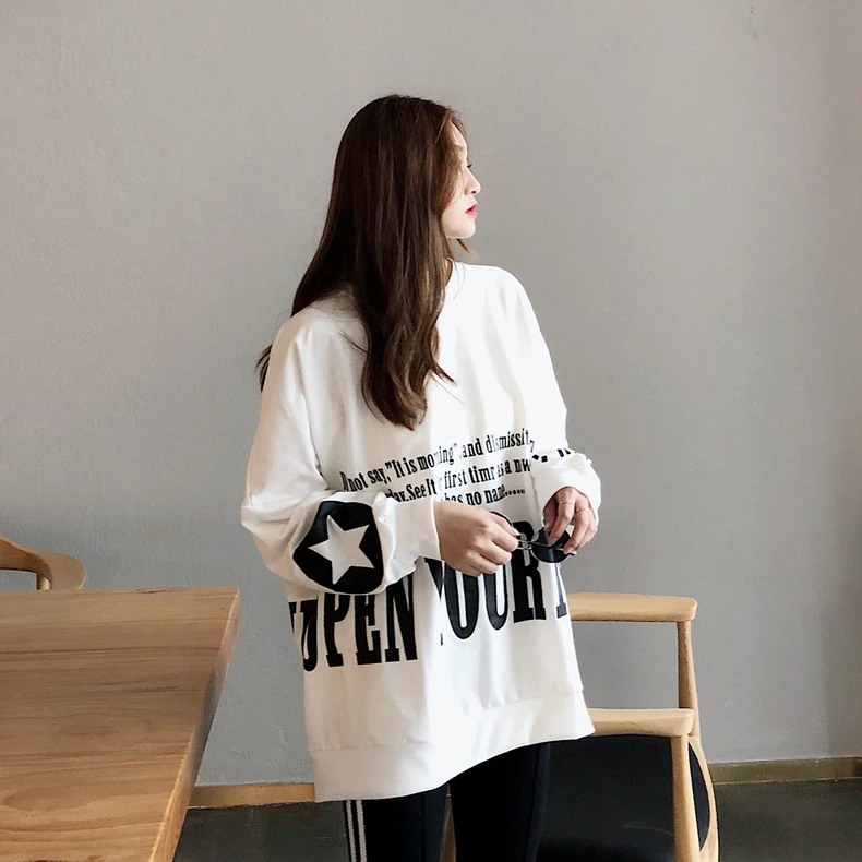 Толстовки с буквенным принтом, Kpop, Длинная толстовка, худи для женщин, негабаритная уличная одежда, Harajuku, корейские пуловеры, верхняя одежда с рукавами «летучая мышь»