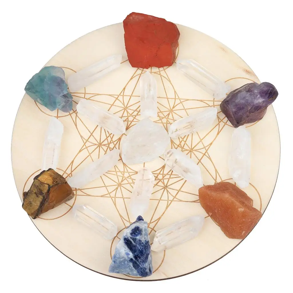 Healing Crystal Grid With Wooden Metatron's Sacred Geometry 7 Chakra Raw Stone Point Wand Meditation Altar Kit For Beginner 7 chakra hexagonal point wand healing crystal stone set with flower of life mat for tarot divination yoga meditation