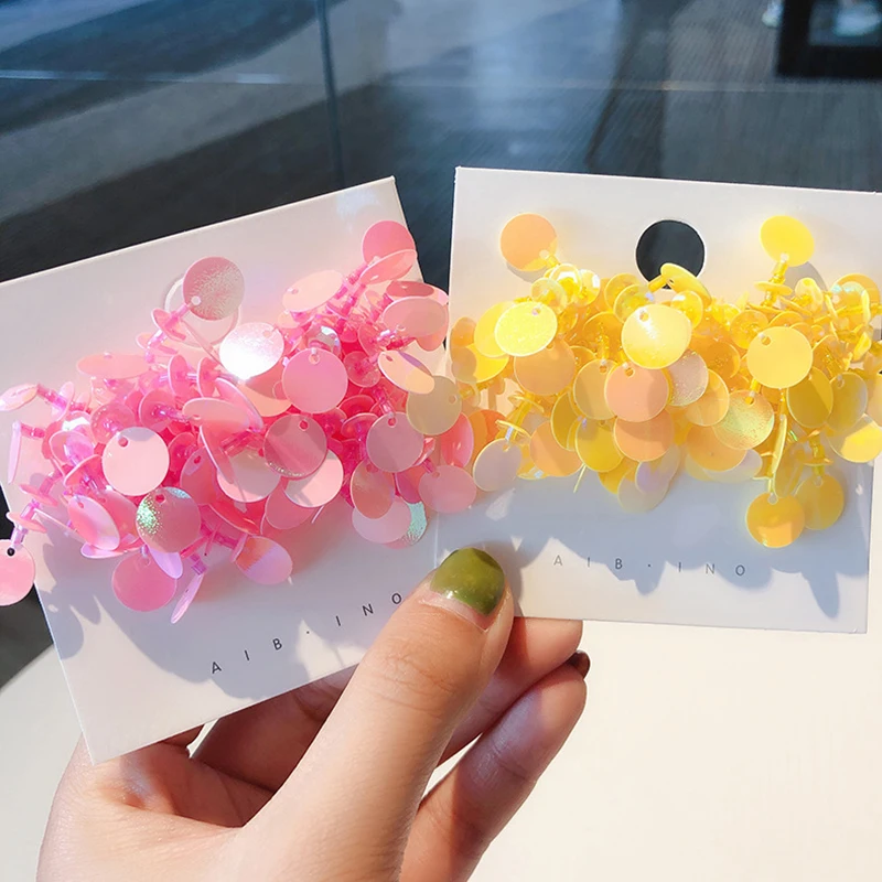 

Bohemian Statement Drop Earrings Korean Pink Yellow Sequin Round Flower Tassel Dangle Earrings for Women Fashion Jewelry