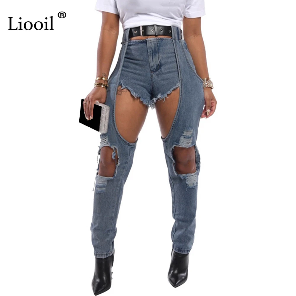 

Liooil Blue Sexy Denim Jeans Womens With Holes 2019 Streetwear High Waist Pencil Pants Bottoms Wash Distressed Jean Trousers