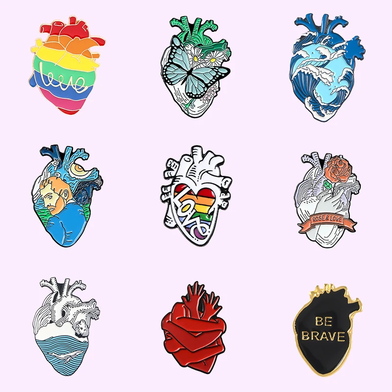Anatomical Human Heart Enamel Pins Oil Painting Ocean World Butterfly Rose Love Rainbow Heart Brooches Lapel Pin Badge Jewelry