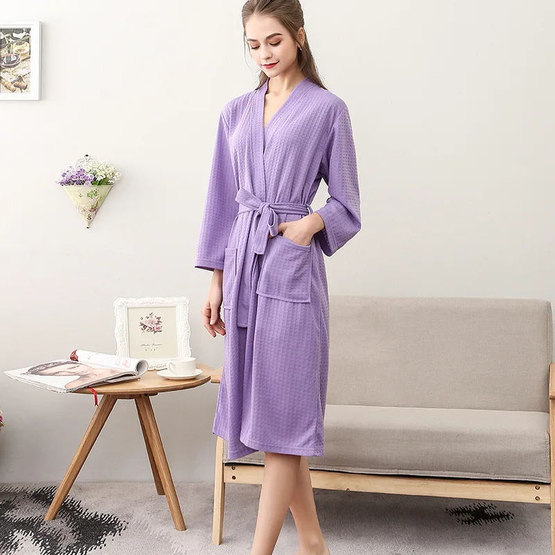 Spring and Summer Couple Nightgown One Piece Solid Color Waffle Cardigan Three-Quarter Sleeve Robe mens silk pajamas Men's Sleep & Lounge