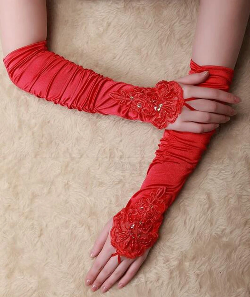 Новые дешевые перчатки без пальцев атласные свадебные женские перчатки кружевные перчатки свадебные аксессуары до локтя - Цвет: Красный