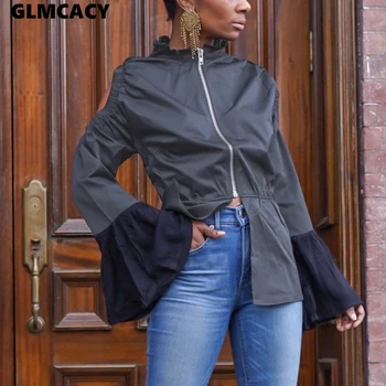 

Women Long Flare Sleeve Ruffles Cowl Neck Zip Up Shirt Tops Irregular Runway Design Streetwear Blouses