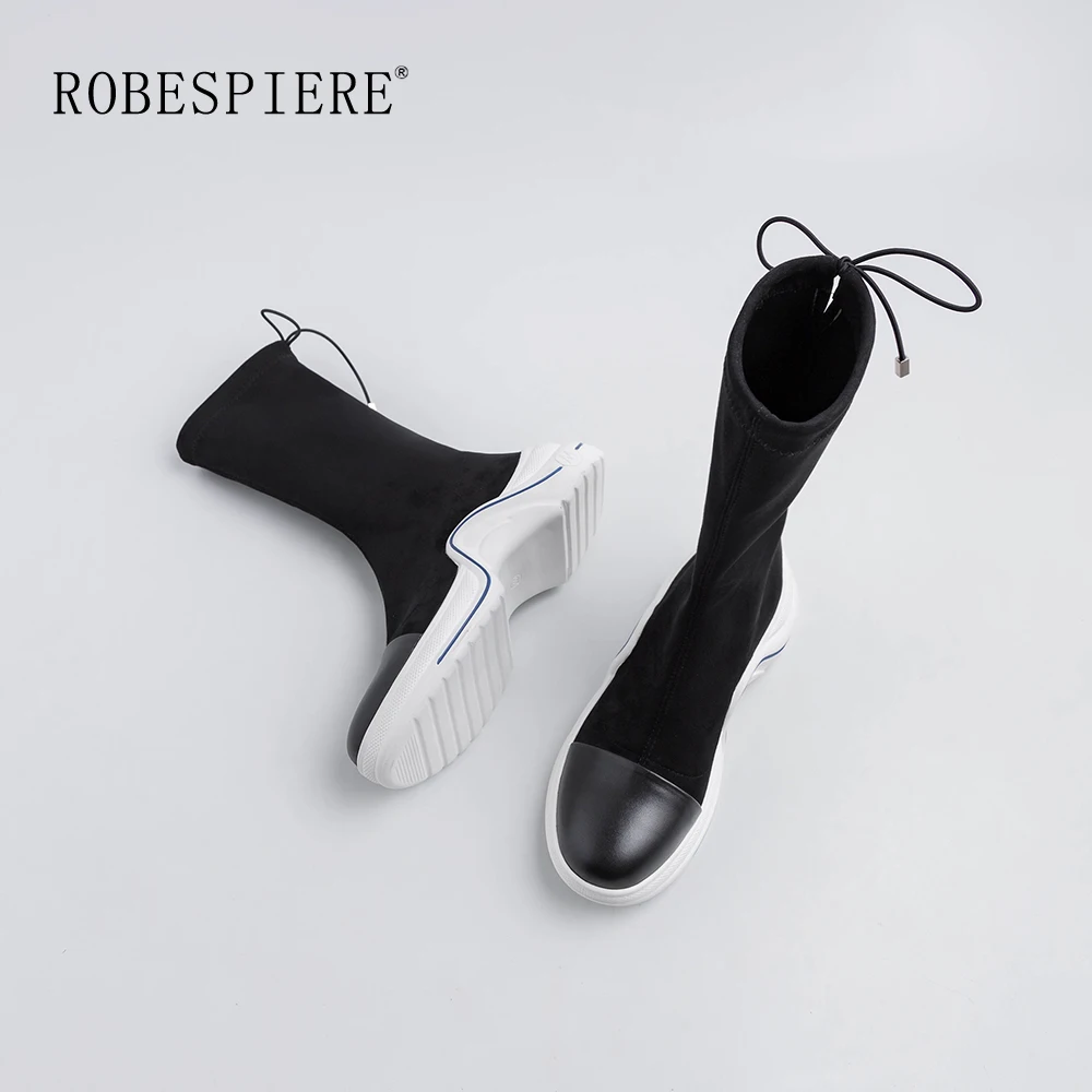 ROBESPIERE/Новые повседневные ботинки до середины икры; сезон осень-зима женские кроссовки на молнии; обувь на плоской платформе; женские теплые плюшевые ботинки на шнуровке; B41