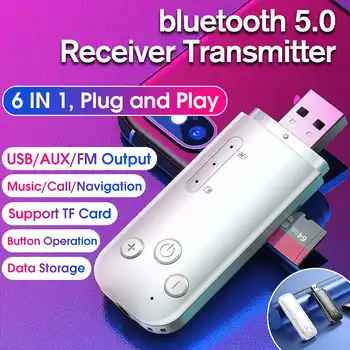 

6 IN 1 bluetooth 5.0 Adapter Receiver Transmitter Mini Dongle Wireless USB+AUX+FM Adapter For Computer PC Laptop Lightweight