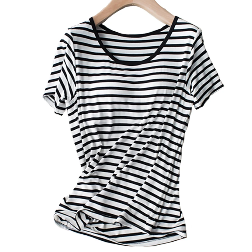 Built In Bra Sleep Shirts Women Loose fit Short Sleeve Striped Modal Sleep Wear Summer Padded Bra Breathable Lounge Lingerie