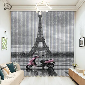 

France Paris Tower Scene Gray Living Room Curtains Romantic Letters Pink Monochrome Curtain For Bedroom Ultra-thin Micro Shading